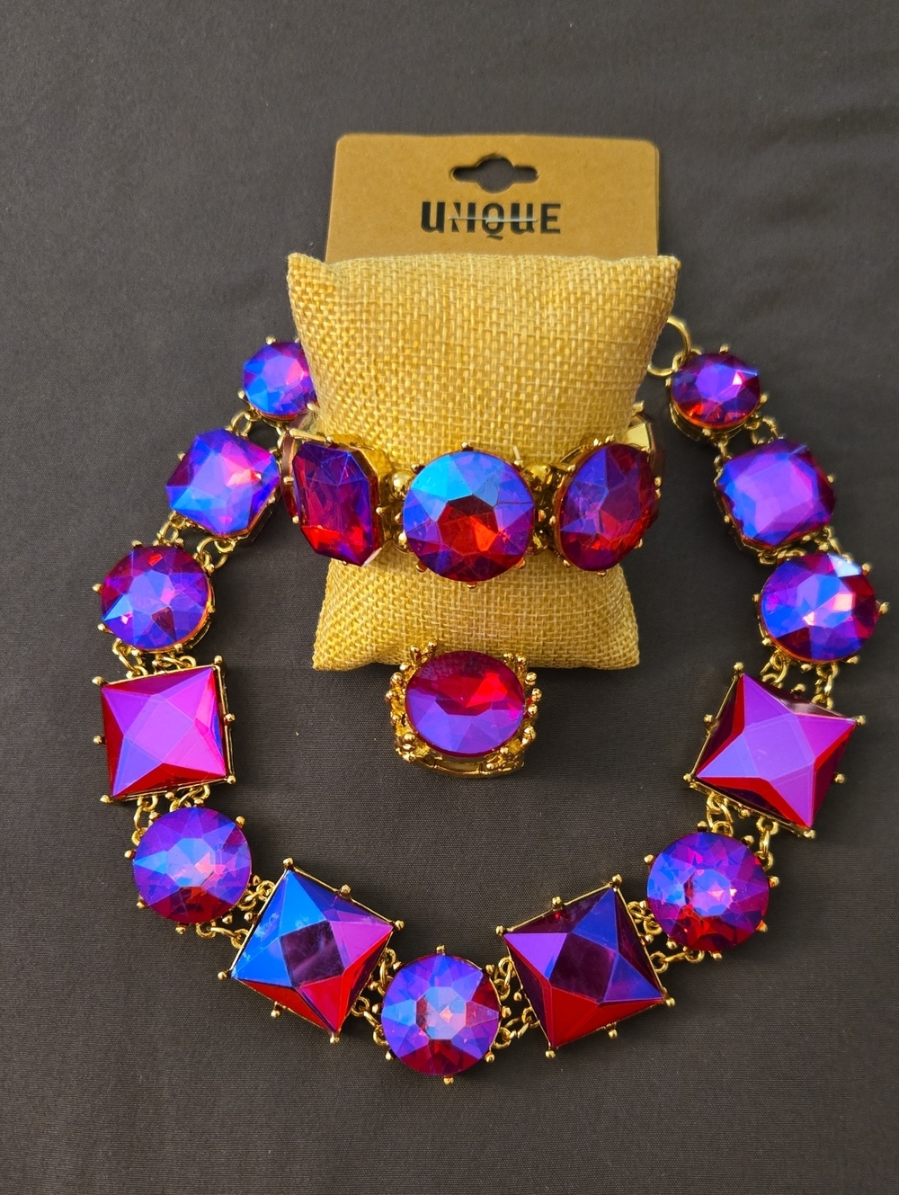 Gold-Tone Necklace, Bracelet & Ring Set with Pink-Purple Faceted Stones